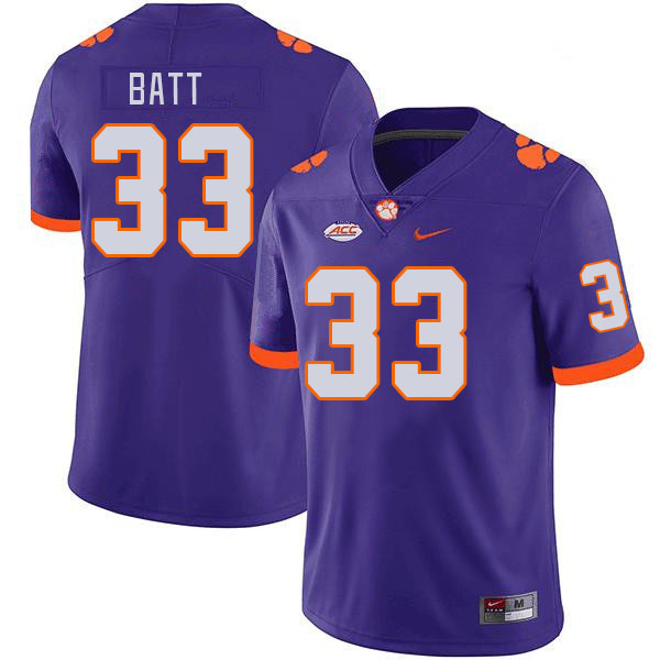 Men's Clemson Tigers Griffin Batt #33 College Purple NCAA Authentic Football Stitched Jersey 23OP30AY